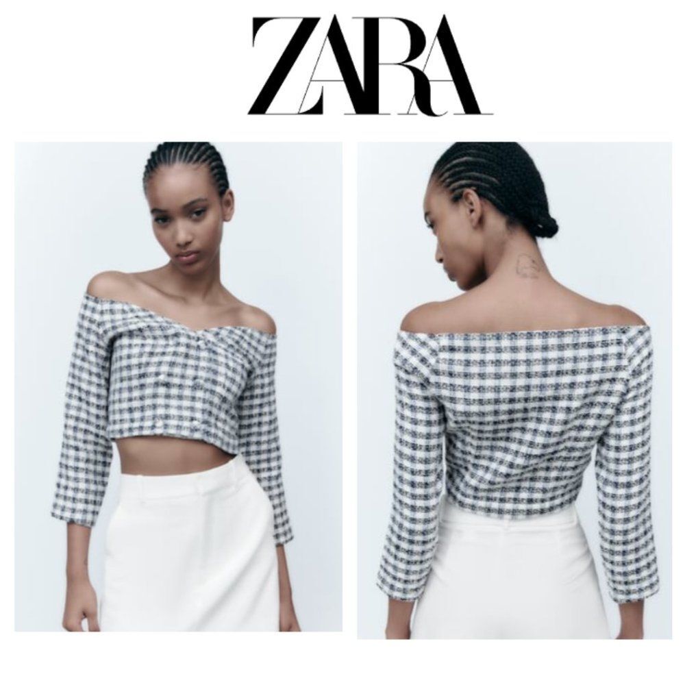 NWT Zara Tweed Off-The Shoulder V-Neck Top with Long Sleeves